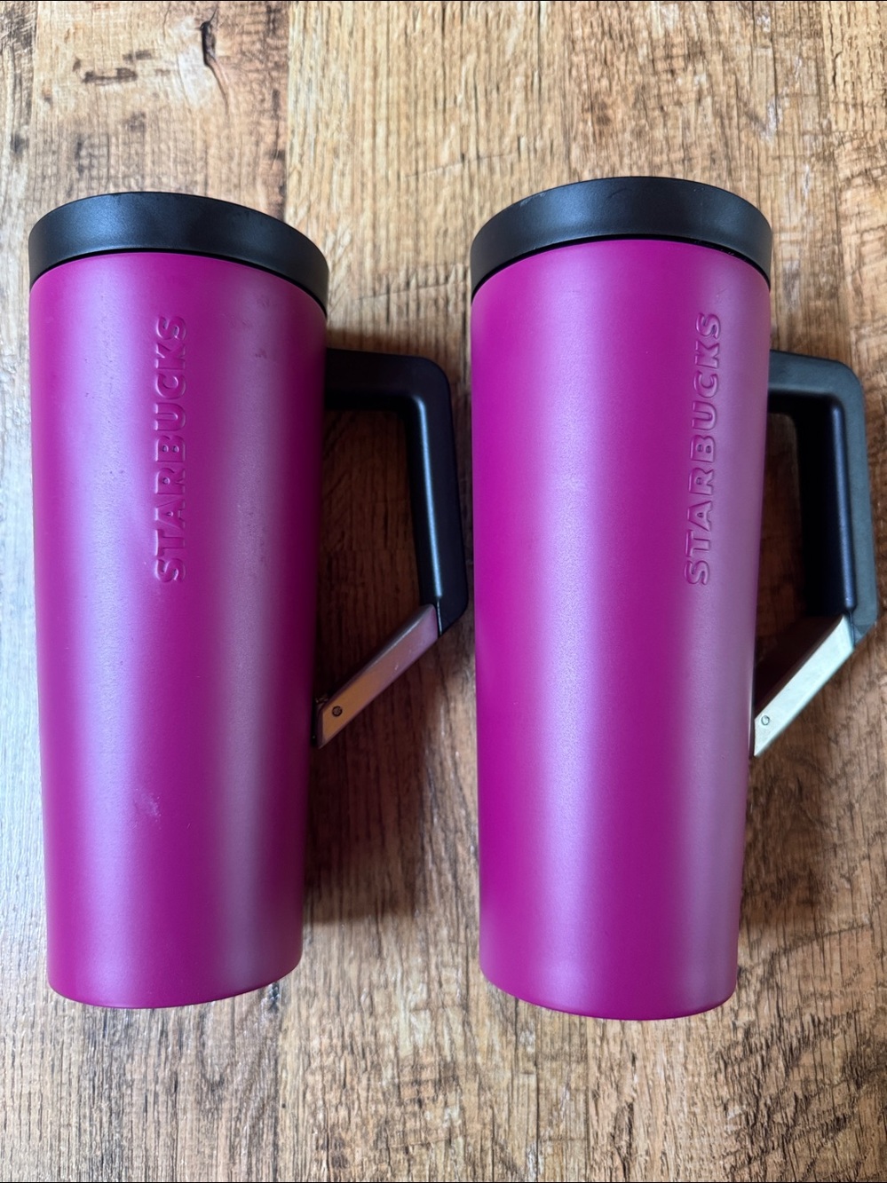 Starbucks set of 2 Matte Magenta Travel Mugs with Black Lids Clip Handles NWT ✨